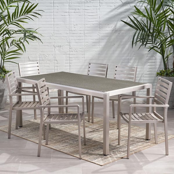 Noble House Cape Coral 30.25 in. Silver 7-Piece Metal Rectangular Outdoor Dining Set