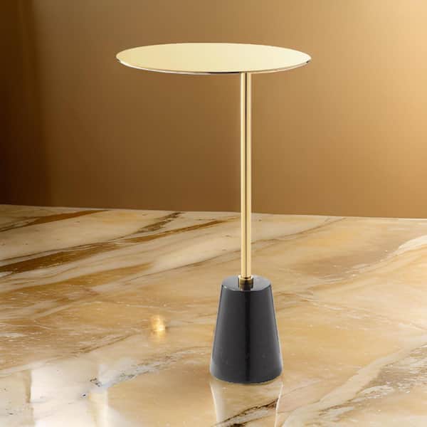 Benjara 12 in. Black and Gold Round Marble End Table with Cone Base