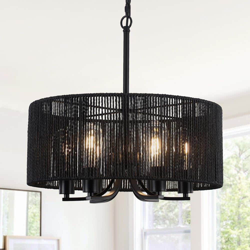 6-Light Black Farmhouse Chandelier with Hand-Woven Hemp Rope Rattan Shade