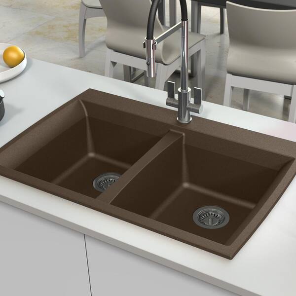 Grey Transolid GTDC3322-17-1 Genova SilQ Granite 1-Hole Dual-mount Double Equal Kitchen Sink 33-in L x 22-in W x 9-in H