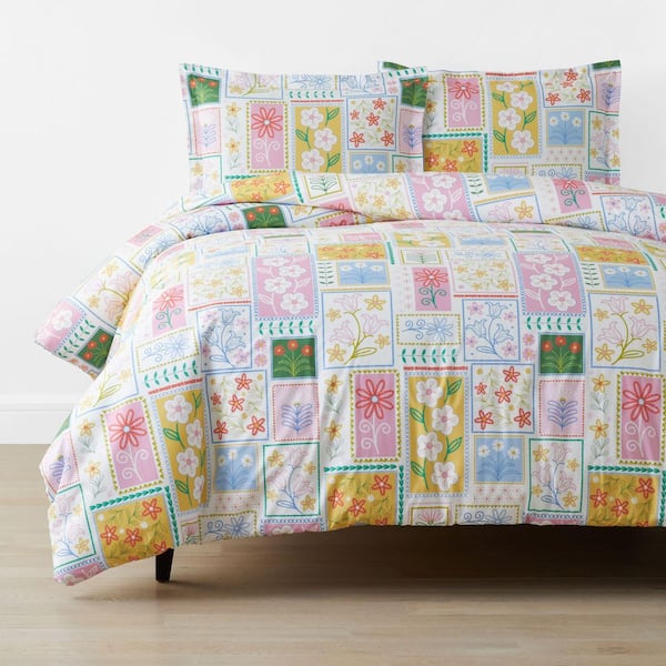 Company Kids White Multi Stitch And Bloom Organic Cotton Percale Queen Duvet Cover Set