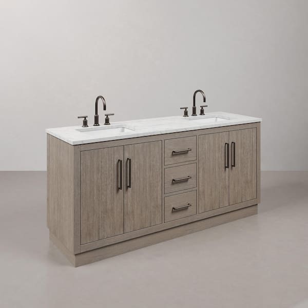 Hugo 72 In. W x 22 In. D Bath Vanity in Grey Oak with Marble Vanity Top in White with White Basin and Gooseneck Faucet