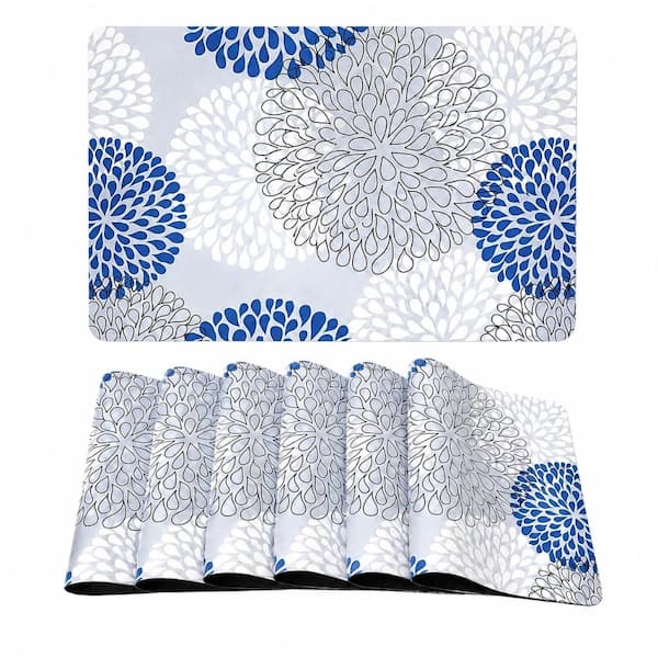12 in. x 18 in. Blue Polyurethane Waterproof Heat-Resistant Placemats, Set of 6 for Kitchen Dining Tables