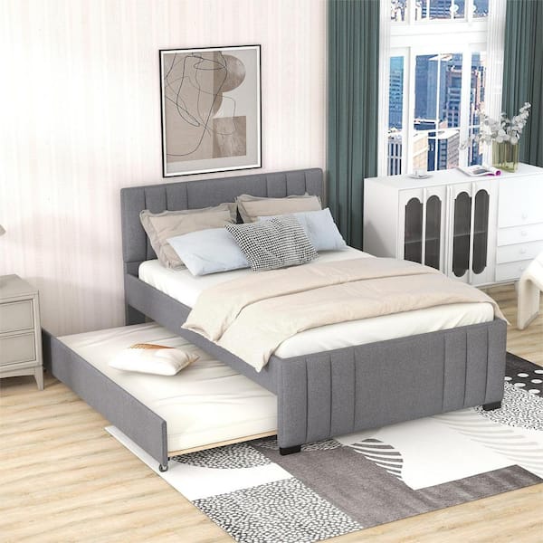 Polibi Gray Wood Frame Full Size Platform Bed with Trundle