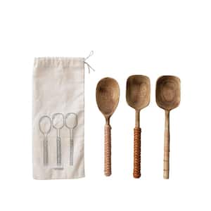 Natural Mango Wood Spoons with Bamboo and Leather Wrapped Handles (Set of 3)