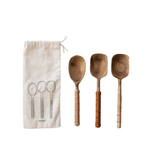 Storied Home Natural Mango Wood Spoons with Bamboo and Leather Wrapped Handles (Set of 3)