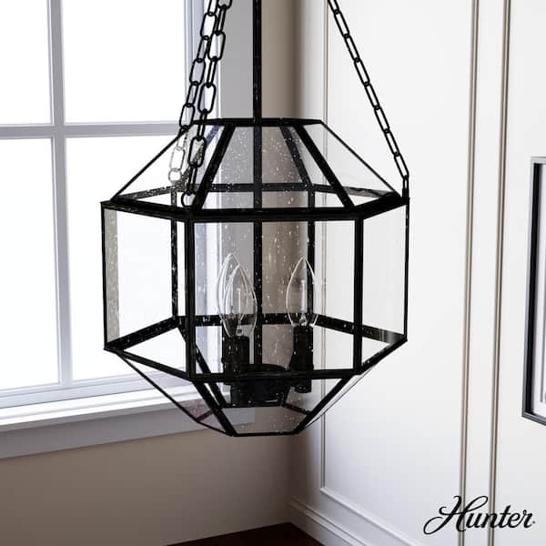 Hunter Indria 3-Light Rustic Iron Island Pendant Light with Clear Seeded Glass Shade Kitchen Light