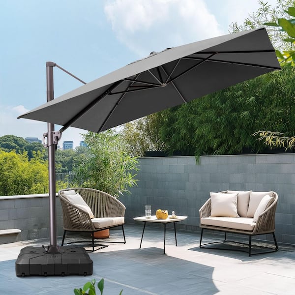 Pellebant 10.5 ft. x 9 ft. Aluminum Offset Outdoor 360° Rotation Cantilever Patio Umbrella in Gray with Wheeled Base Stand