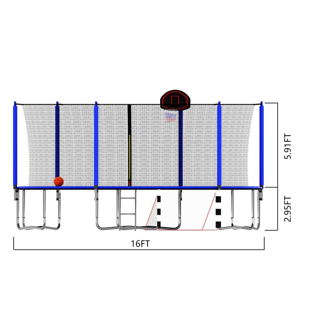 16FT Blue Round Trampoline with Safety Enclosure and Basketball Hoop