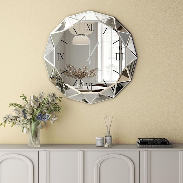 THKSHOUZ Silver Roman Numeral Glass Diamond Mirror Wall Clock