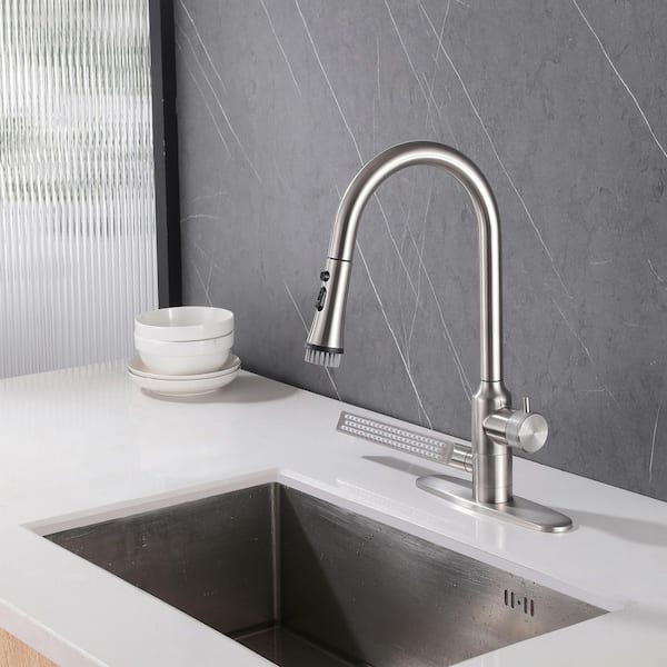 1-Handle 18 in. H Pull Down Sprayer Kitchen Faucet 3-Spray Fixed Sink Faucet 2 GPM with Side Spray in Silver
