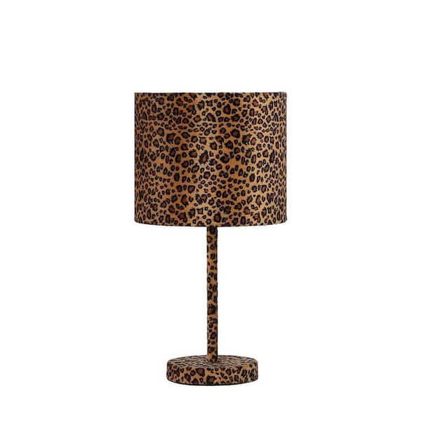 ORE International 19.25 in. Leopard Print Metal Table Lamp with Faux Suede Leather