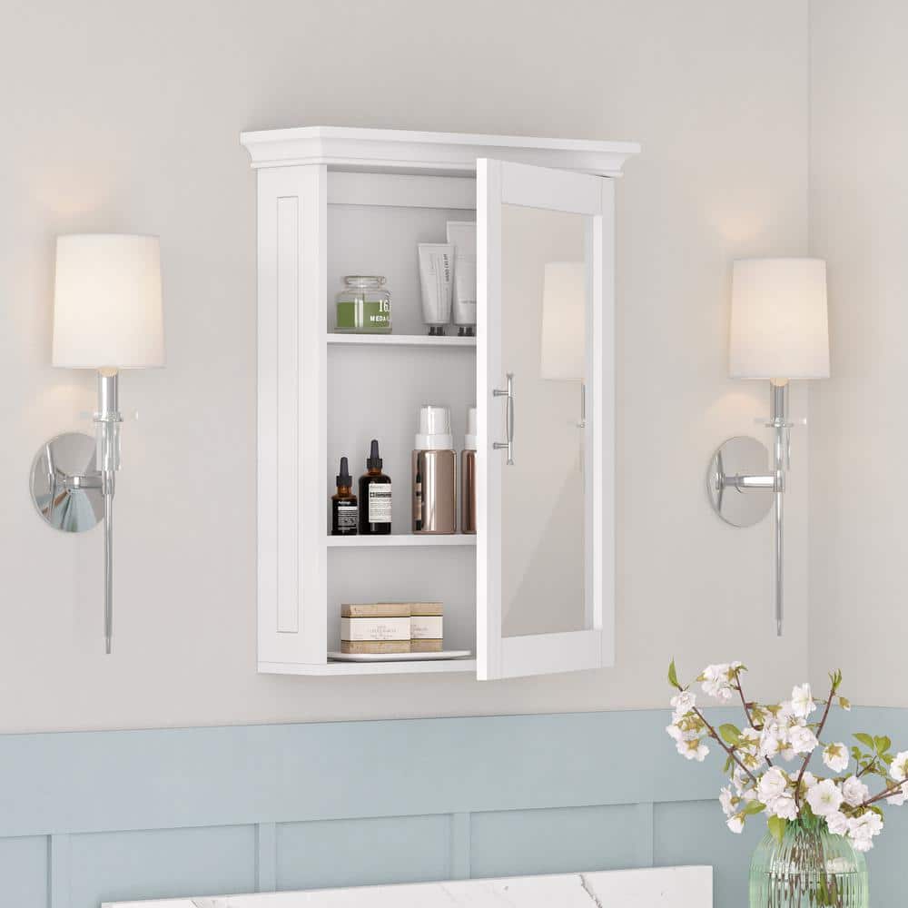 White Painted Mirrored Wall Mount Storage Cabinet with Adjustable Shelf