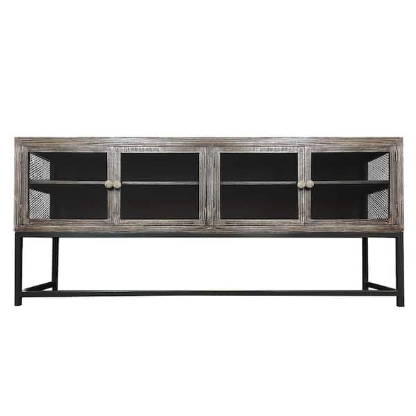 THE URBAN PORT 71 in. Brown and Black Rustic Media Console TV Stand with 4-Glass Panel Doors and Metal Frame Fits Up to 70 in. TV