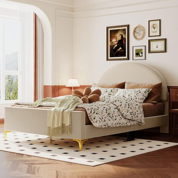 Polibi Beige Wood Frame Full Size Velvet Platform Bed with Semi-Circle Shaped headboard and Mental Legs