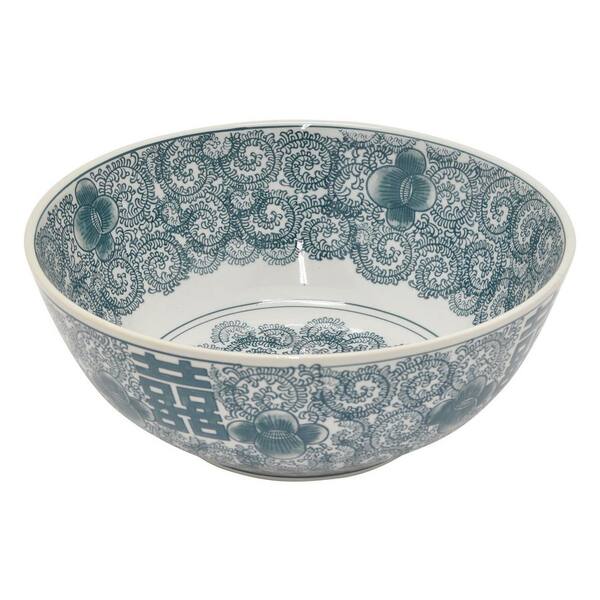 THREE HANDS Green and White Porcelain Bowl - 5" H