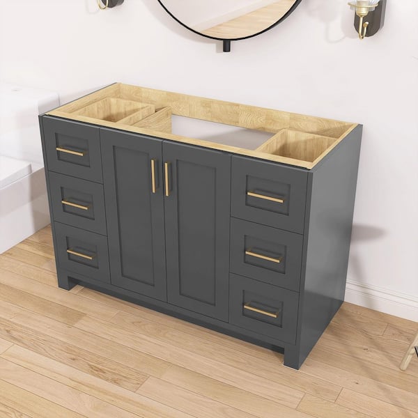 48 in. W x 21.5 in. D x 33.5 in. H Solid Wood Shaker Bathroom Vanity Base Bath Vanity Cabinet without Top in Dark Gray