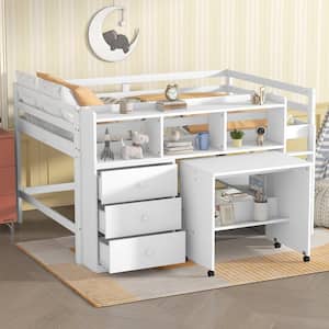 White Full Low Loft Bed with Rolling Portable Desk, Drawers and Shelves