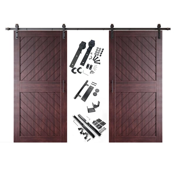 HOMACER XT3 40 in. x 84 in. C-Panel Red Mahogany Slanted Stripe Design Double Pine Wood Sliding Barn Door with Hardware Kit