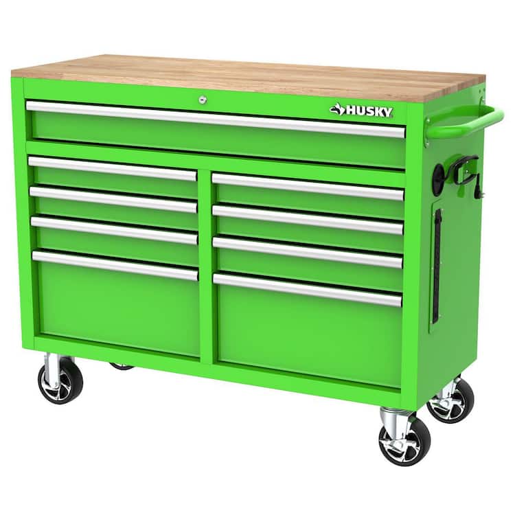 Husky 46 in. W x 18 in. D 9-Drawer Gloss Green Mobile Workbench Cabinet  with Solid Wood Top