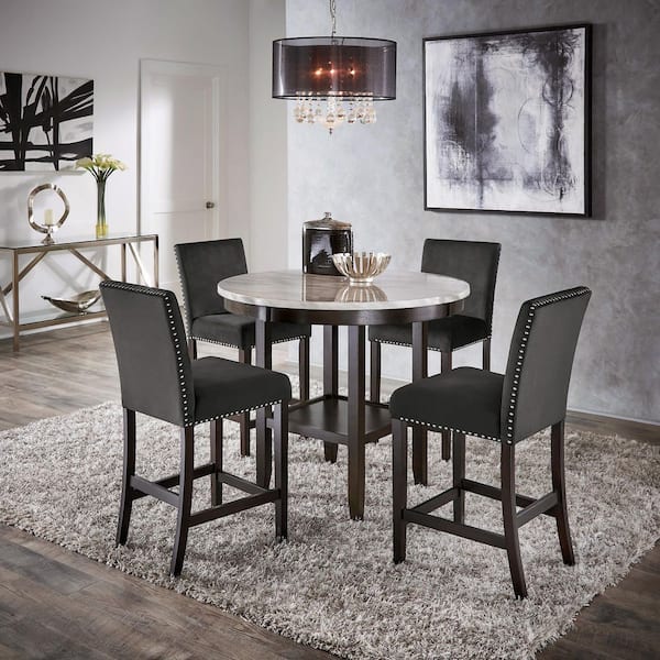 White Faux Marble Round Dining Set with Black Chairs