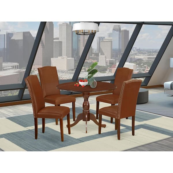 East West Furniture 5-Piece Mahogany Finish Solid Wood Top Dining table with 4-Chairs with Drop Leaf Lattice Back