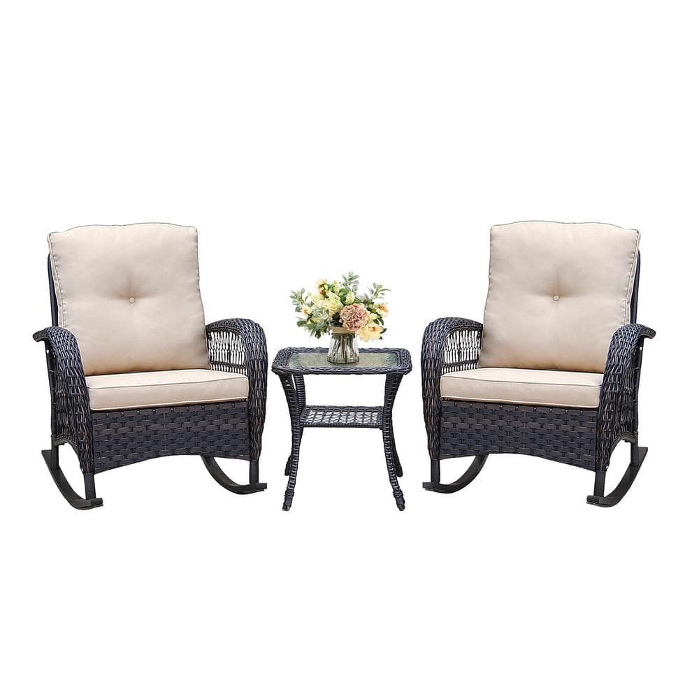 3-Piece Black Steel and Beige Wicker Rocking Patio Set with Cushions