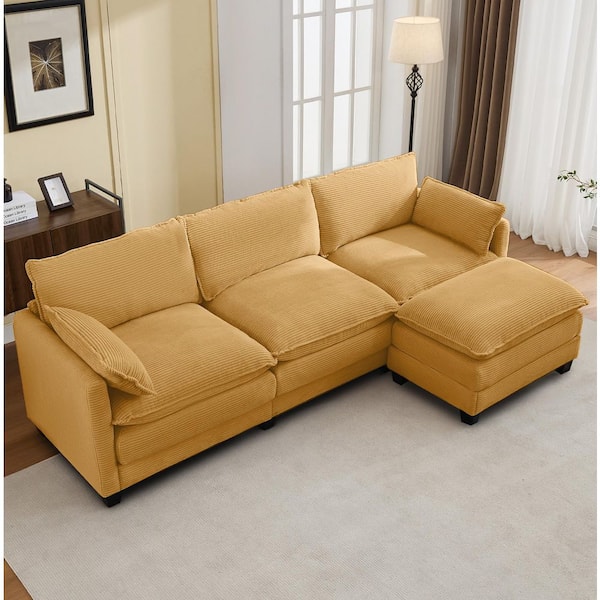 102 in. Square Arm 2-Piece Corduroy L-Shaped Sofa with Movable Ottoman Sectional Sofa in. Yellow