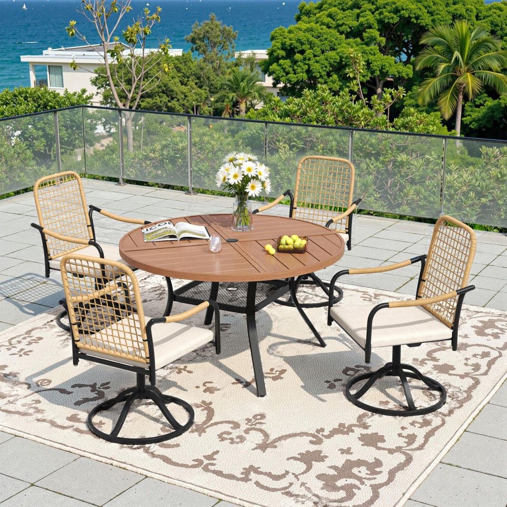 5-Piece Metal Outdoor Dining Set with 40.6 in. Walnut Round Table and 4 Swivel Wicker Chairs with Beige Cushions price history on PriceWatchPro