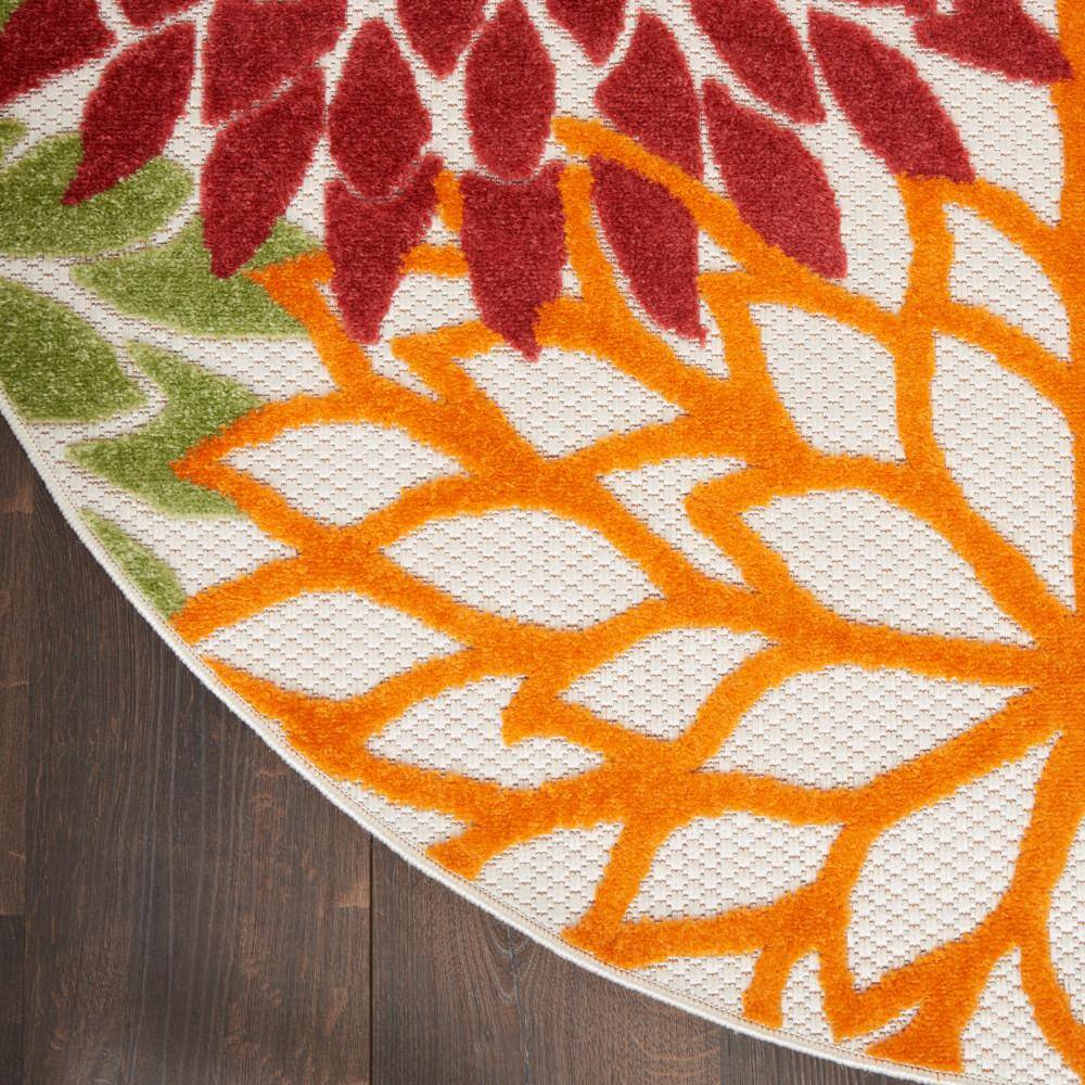 Red Floral Synthetic Round 5'3" Reversible Outdoor Rug