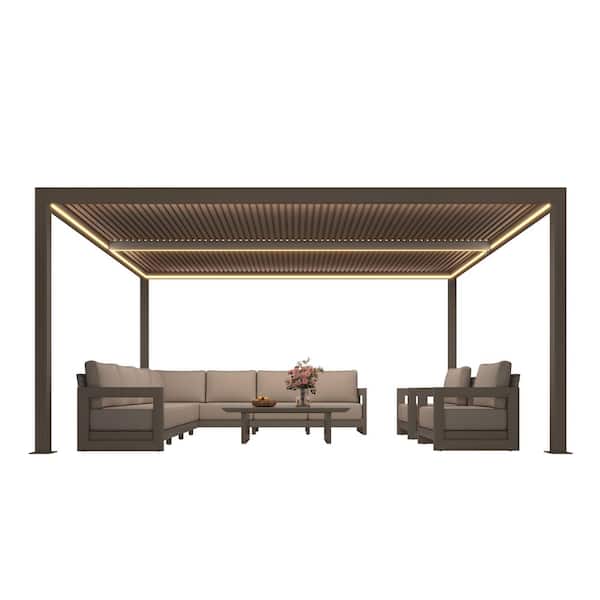 12 ft. x 16 ft. Champagne Aluminum Frame Louvered Pergola Gazebo with Adjustable Sunshade Roof and LED Strip Lights