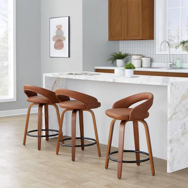 Grotto Upholstered 24 in. Walnut Wood and Camel Faux Leather Fixed-Height Counter Stool (Set of 2)