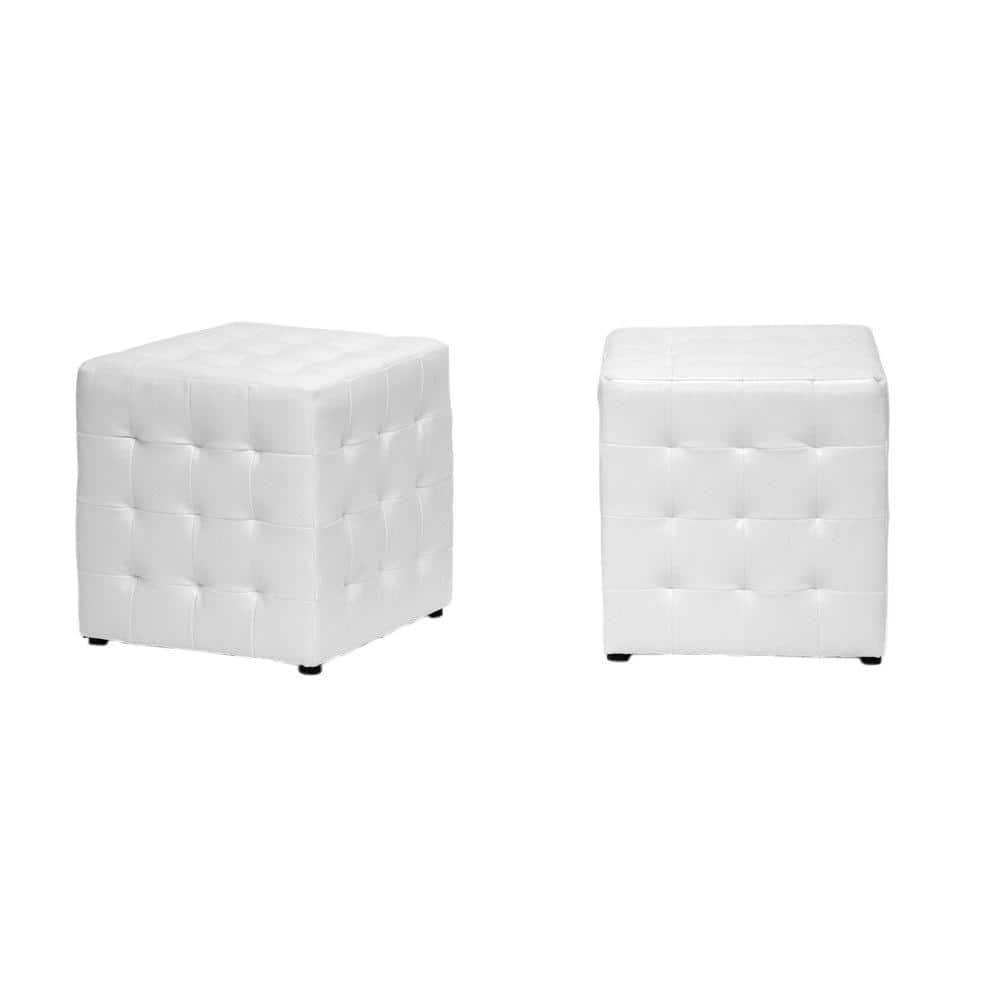 Chic White Faux Leather Tufted Cube Ottoman Pair