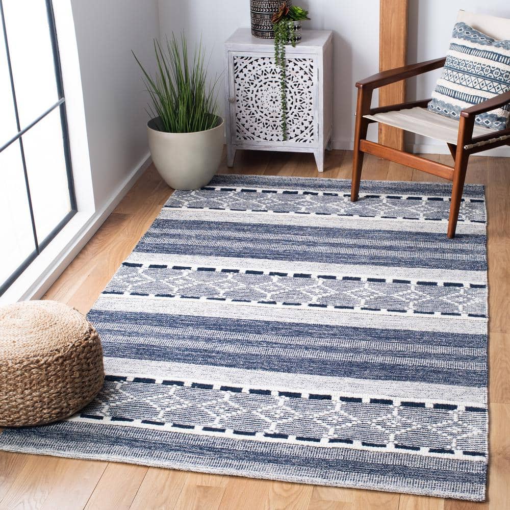 Ivory and Navy Striped Wool Cotton Area Rug