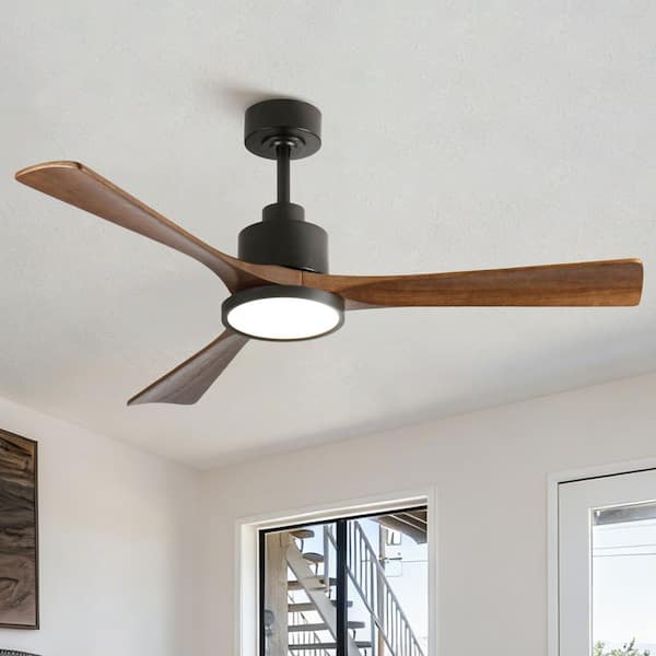 52 in. Indoor Black 3-Wood Blades Reversible DC Motor Downrod Standard Ceiling Fan with Light and APP and Remote Control