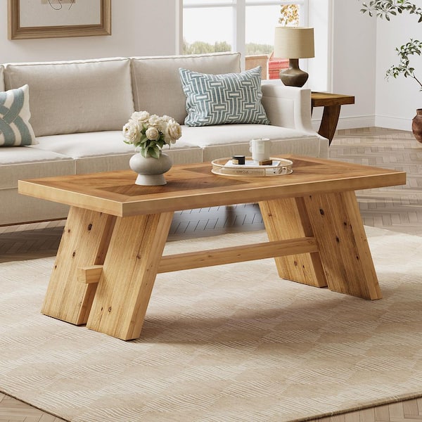 Allan 47.24 in. Natural Rectangle Solid Wood Coffee Table, Farmhouse Wooden Top Accent Center Table for Living Room