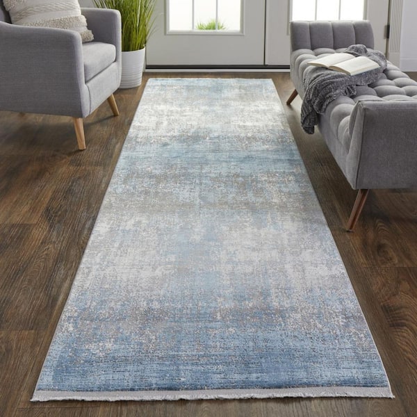 2 X 8 Blue, Gray Abstract Runner Rug