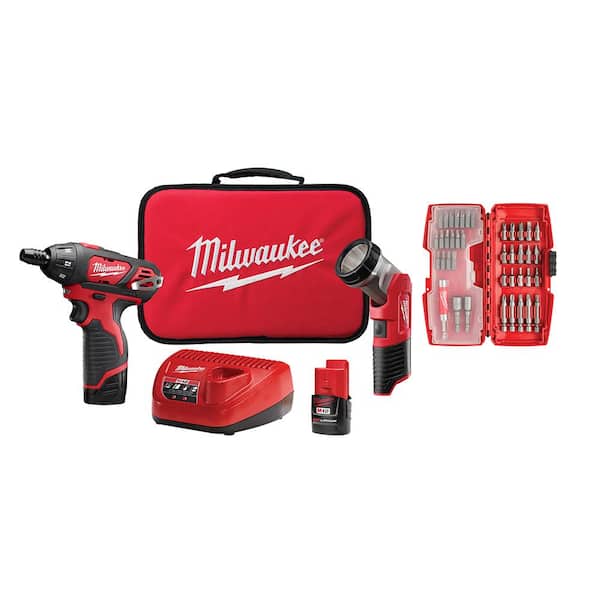 Milwaukee M12 12-Volt Lithium-Ion Cordless 1/4 in. Hex Screwdriver/LED Worklight Kit with (2) 1.5Ah Batteries,Bit Set & Bag