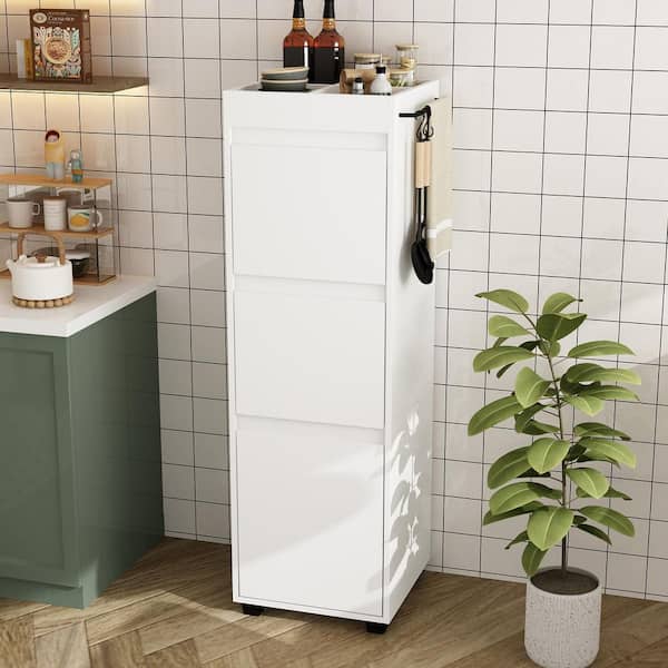 White Wood 15.7 in. Storage Cabinet with 4 Open Top Compartments, Side Hanging Rod