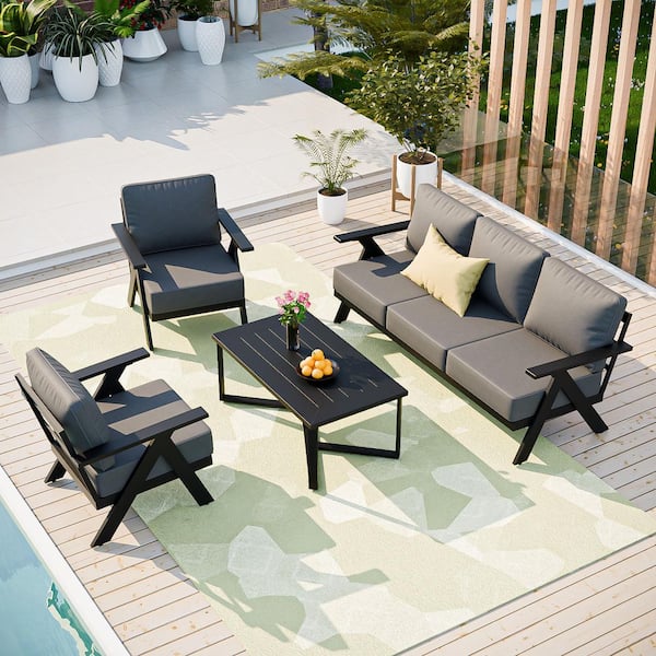 4-Piece Black Aluminum Patio Conversation Set with Gray Cushions and Coffee Table