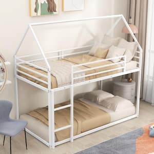 White Twin House Bunk Bed with Built Ladder