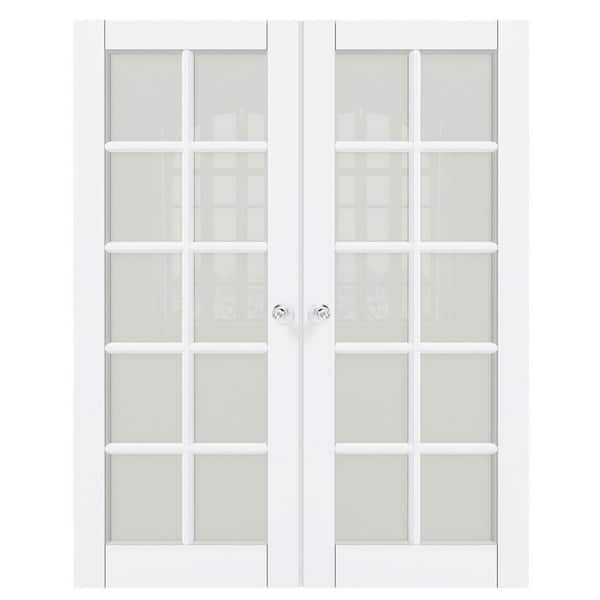 TENONER 64 in. x 80 in. Composite, MDF, 10 Lite, Frosted Glass, Primed, White Interior Door Slab with Silver Sphere Doorknob
