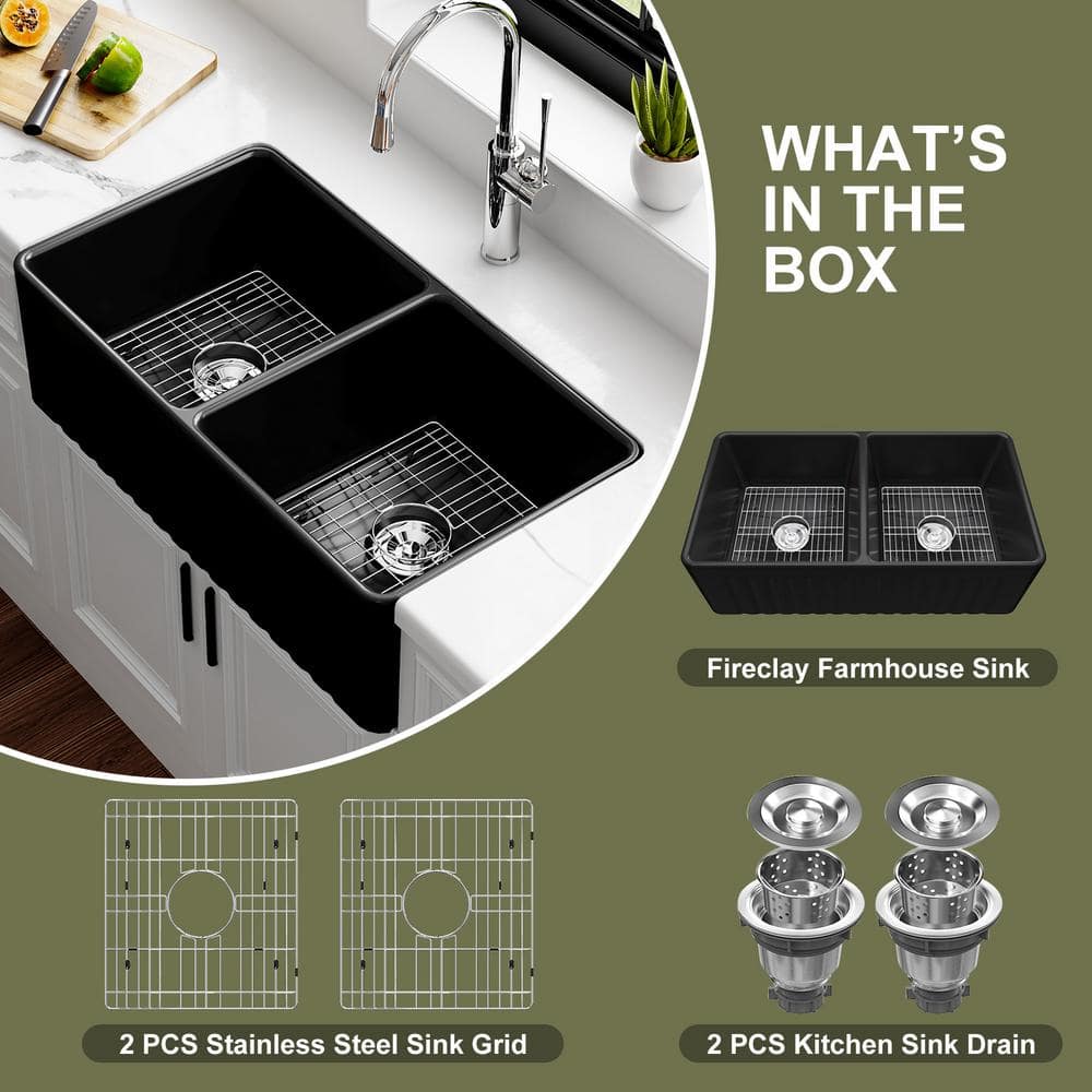 Matte Black Double Basin Fireclay Farmhouse Sink with Drainboard