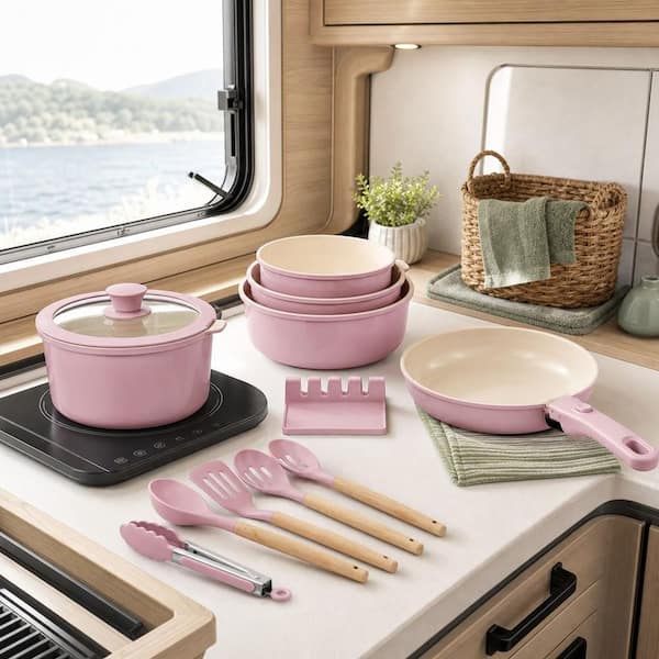Numhew 21-Pieces Pink Ceramic Pots and Pans Non Stick Cookware Set
