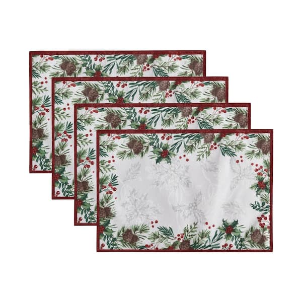Threadmade Home Holly Berry Flourish Holiday Fabric Placemat, Set of 4, Multicolor - 13"W x 19"L