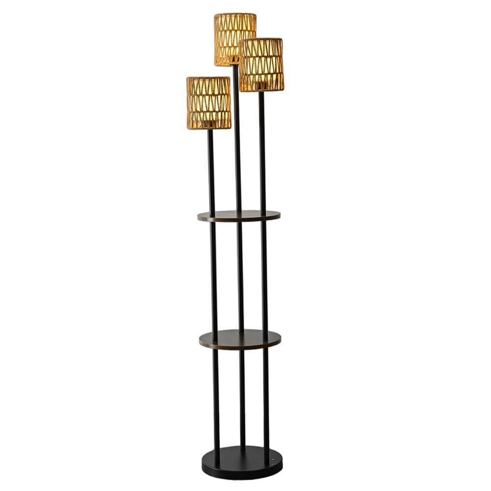 65 in. Black Boho 3-Light Tree Floor Lamp with Shelves and Rattan Shade for Living Room price history on PriceWatchPro