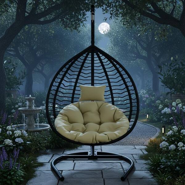 WOQWOQ 44.1 in Black Outdoor Hanging Hammock Chair with Iron Frame