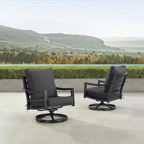 Pair of Black Aluminum Deep Seating Swivel Rocker Club Chairs with Cushions