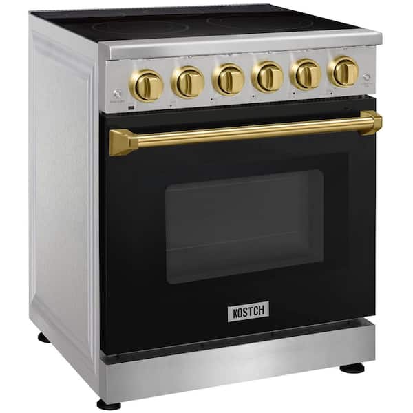 30 in. 5 Elements Freestanding Electric Range with 4.55 cu. ft. True Convection Oven in Black with Bronze Handles