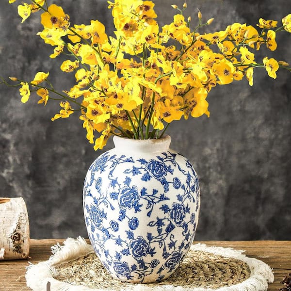 7.9 in. Blue Round Ceramic Retro Floral Vases Rustic Decorative